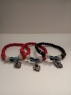 Set Of 3 Evil Eye Red and Black Hamsa Beaded Bracelet Set Stretchy String Type